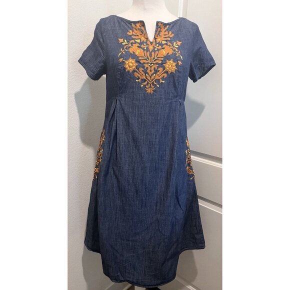 EShakti Wayward Fancies Denim Dress Embroidered Short Sleeves Pockets Size M-10 - Picture 1 of 12